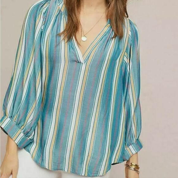 MAEVE ANTHRO ANTHROPOLOGIE Byron Striped Peasant Top Shirt XS Small Medium NWT - Picture 1 of 10